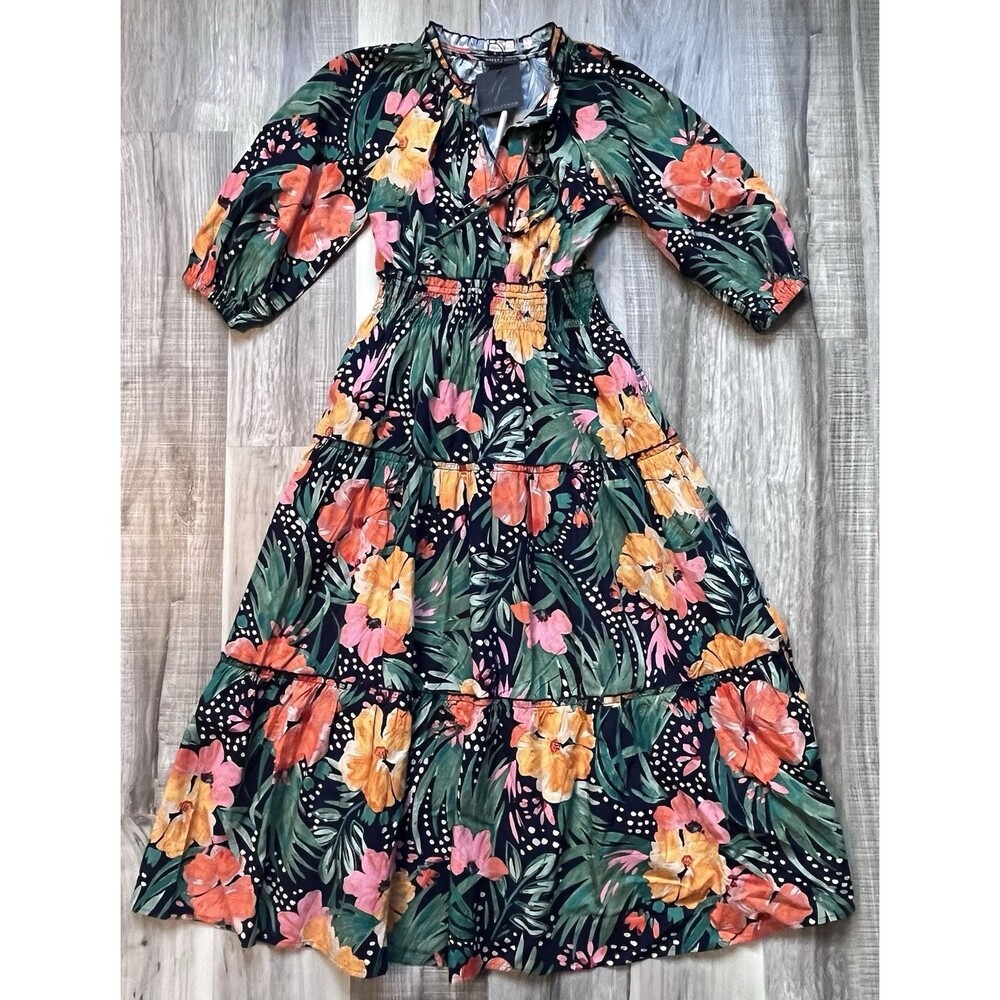 NWT Dress Forum Los Angeles Small Boho Floral Tiered Dress Smocked Waist